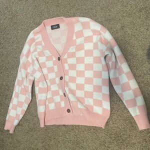 Pink Checkered Oversized Cardigan Cider